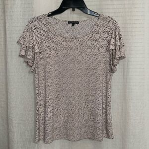 Adrianna Papell L Beige Black Spotted Double Short Flutter Sleeve Jersey Top